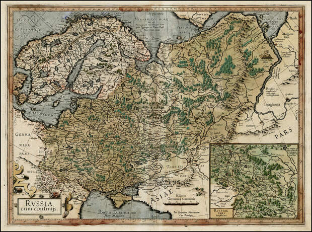 Герард Меркатор. Россия и её соседи. 1595 г. Слово Russia проходит по нынешней Вологодчине и Пермской земле. Москвовия показана как часть Руссии.