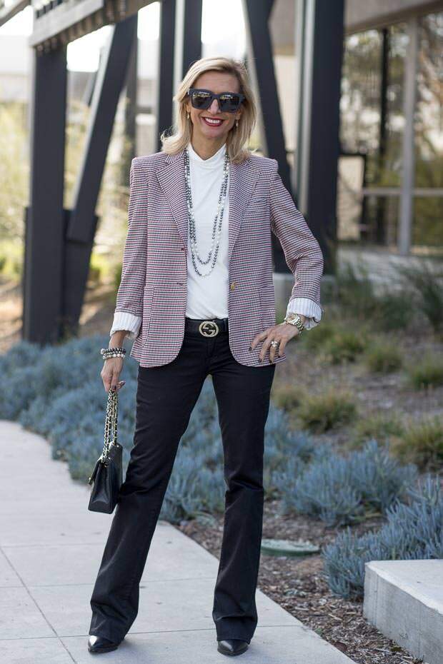 red ivory and black houndstooth blazer for women worn with ivory mock neck top