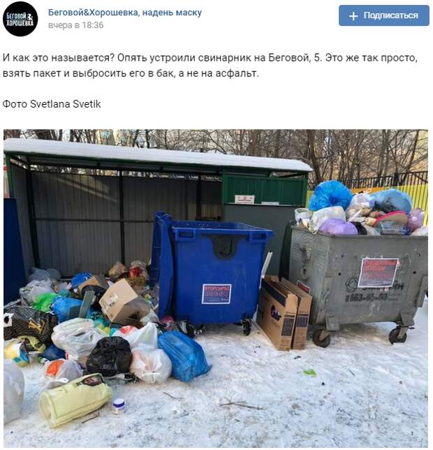 Неизвестный устроил мусорный переворот на Беговой улице