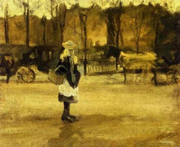 Девочка на улице на фоне двух повозок - Ван Гог