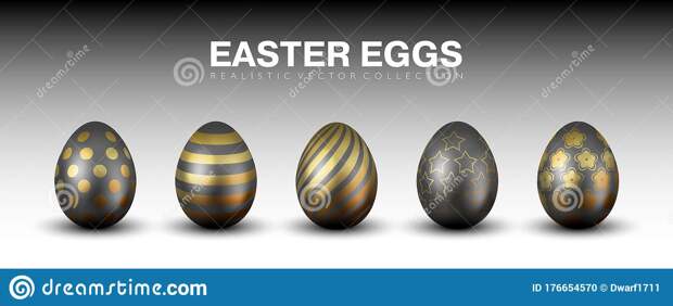 Luxury stylish matte black realistic 3D easter eggs vector collection with different golden ornaments 