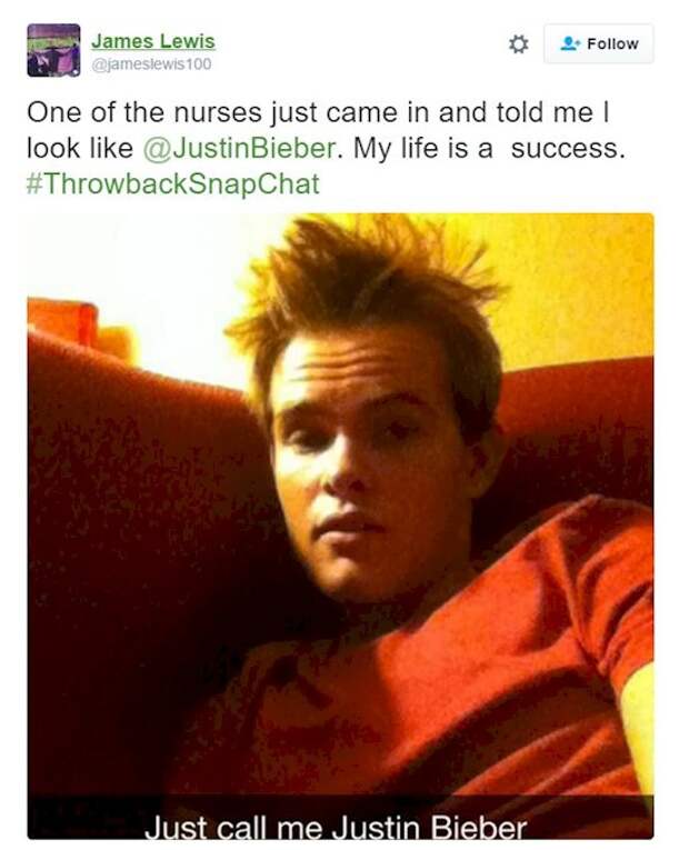 1. "Только что одна из медсестёр зашла и сказала, что я похож на Джастина Бибера. Жизнь удалась". знаменитости, кумиры, фрики