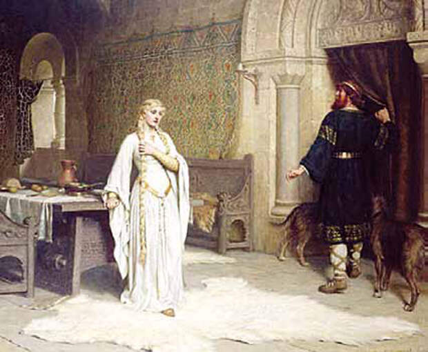 На картине художника Эдмунда Лейтона изображен момент, когда леди принимает свое благородное решение. 1892 г.
