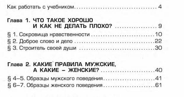 В современных учебниках проводится чёткое разделения на мужские и женские образцы поведения / Фрагмент оглавления учебника «Светской этики» для 5 класса