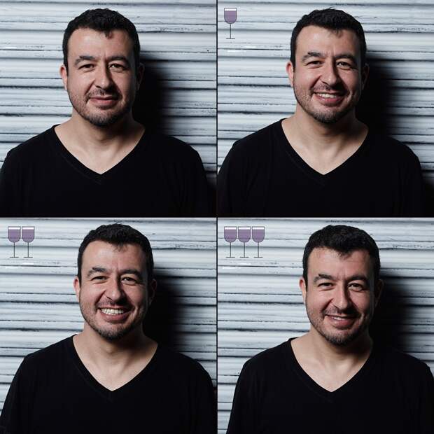 Пить или не пить? Фотограф показал, как меняется лицо человека после 1, 2 и 3 бокалов вина