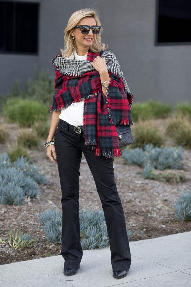 Ivory Mock Neck Top for women worn with reversible houndstooth and plaid shawl 