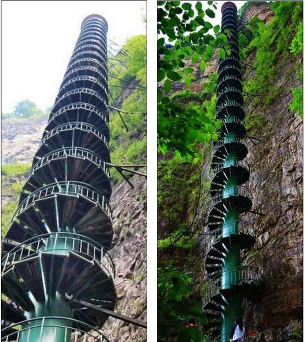 Металлическая винтовая лестница в горах Тяйхань (Китай).