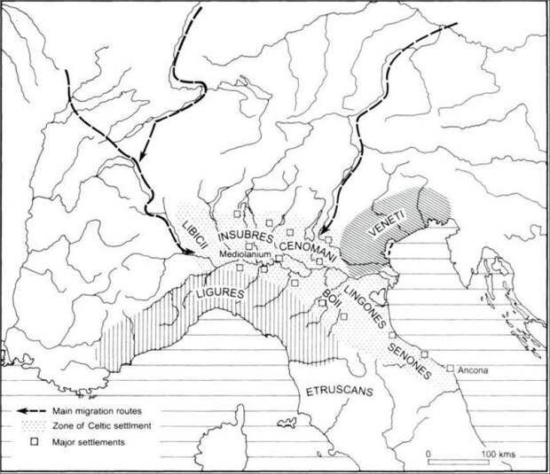 Карта расселения галльских племён в северной Италии - Кельты: первые столкновения с Римом | Военно-исторический портал Warspot.ru