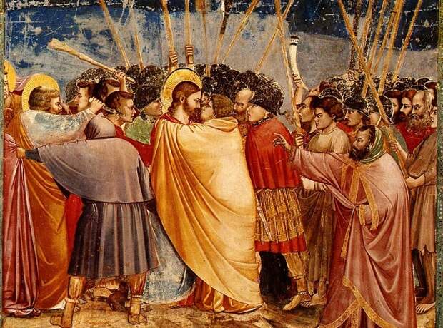 Поцелуй Иуды. 1303-1305 гг. Фреска в Капелле Скровеньи в Падуе. Джотто. Поцелуй Иуды. 1303-1305 гг. Фреска в Капелле Скровеньи в Падуе. Джотто.