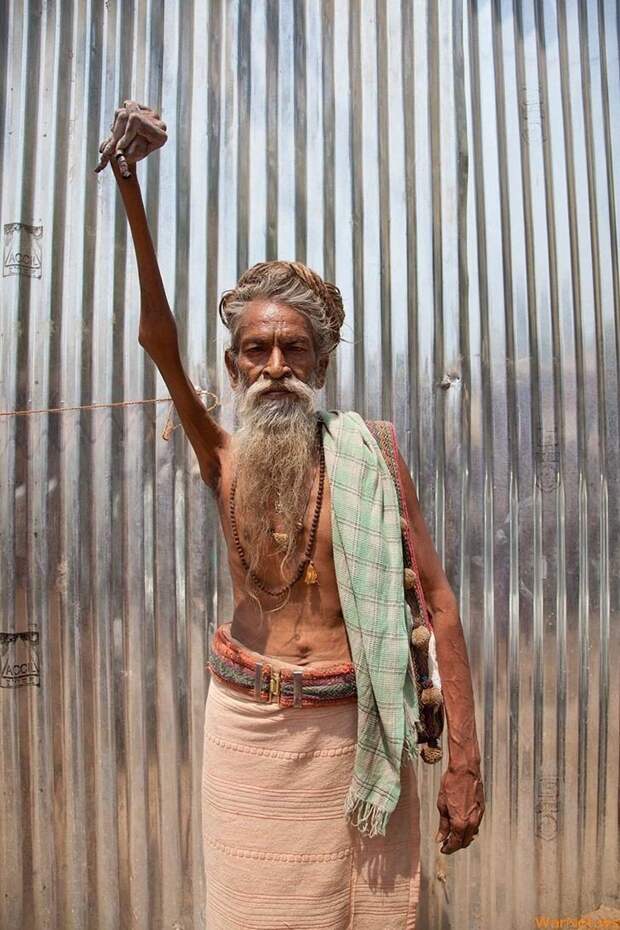 Во имя мира на Земле и бога: индус держит поднятую руку 45 лет Амар Бхарати, в мире, земля, индийский садху, история, люди, рука