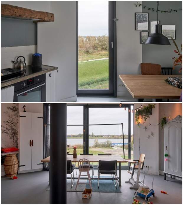 Кухня-столовая в одном из «домов» организованном в заброшенной водонапорной башне (Watertower Nieuw Lekkerland, Нидерланды).