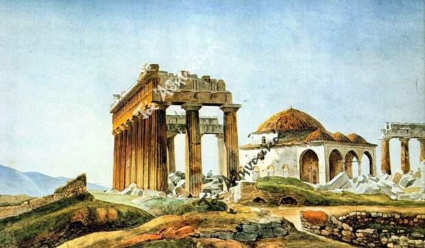 Османская мечеть, построенная на развалинах Парфенона после 1715 года, Пьер Пейтье, 1830-е годы. \ Фото: taathinaika.gr. Османская мечеть, построенная на развалинах Парфенона после 1715 года, Пьер Пейтье, 1830-е годы. \ Фото: taathinaika.gr.