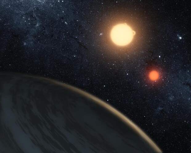 Вращающаяся вокруг двойной звезды планета Кеплер-16б, первая планета про которую мы точно знаем, что она вращается вокруг двойной звезды. Ее поверхность газообразна и явно непригодна для жизни космос, красота, планета, рисунки, художники