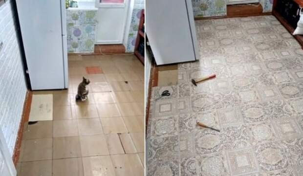 Старую напольную плитку заменили на линолеум. | Фото: cpykami.ru. 
