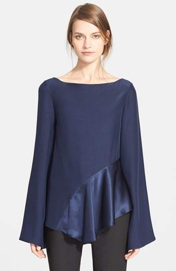 Free shipping and returns on Elizabeth and James Asymmetrical Ruffle Blouse at Nordstrom.com. A lustrous satin ruffle graces the asymmetrical hem of a fluid silk blouse styled with vintage-vibe bell sleeves and a breezy bateau neckline.