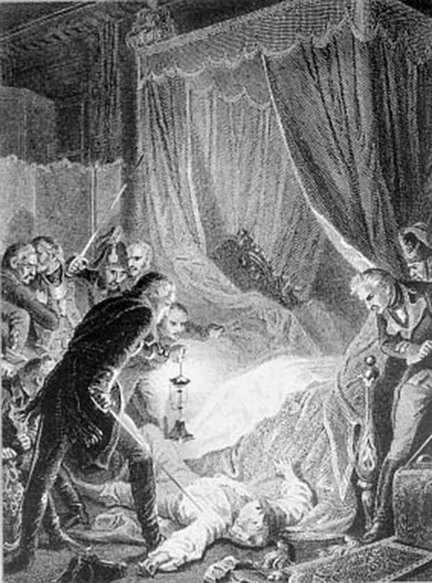 Убийство императора Павла I, гравюра из французской исторической книги, 1880-е годы.