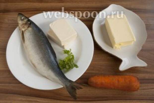 Подготовьте солёную сельдь, сливочное масло (мягкое), морковь, плавленый сыр, свежую петрушку.