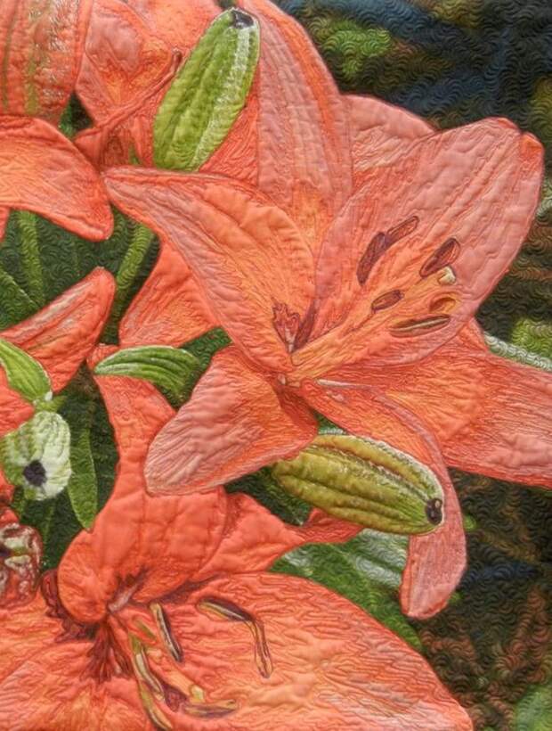 Close-up, "Lilies" by Rita Blocksom. Quilted by Sharon Brooks. 2nd place winner, 2013 AZQG. Photo by Quilt Inspiration: