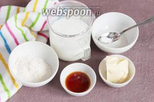 Ингредиенты, которые потребуются для приготовления крема: мука пшеничная, молоко, сахарный песок, ванилин, масло сливочное и коньяк.
