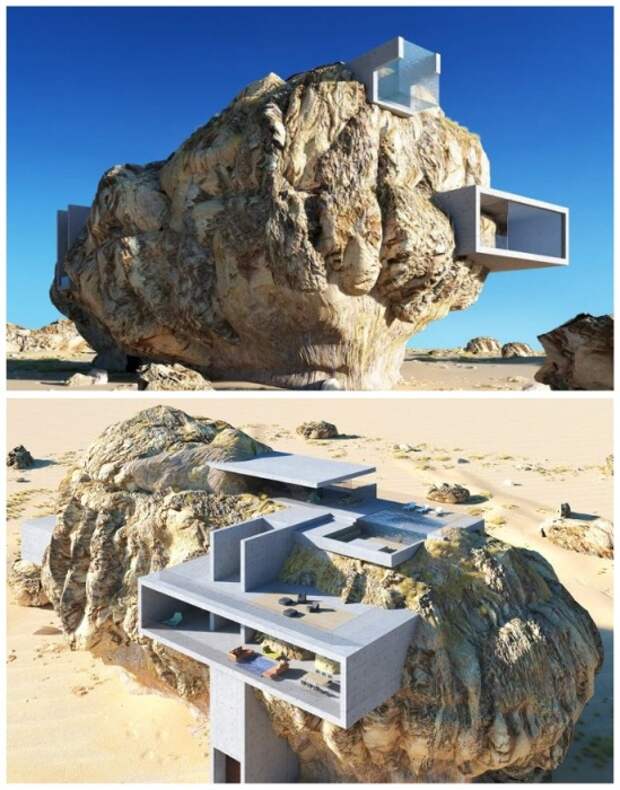 Основным стройматериалом станут специальные бетонные плиты и кубы. («Дом внутри скалы», визуализация Амея Кандалгаонкара). | Фото: doyouremember.com.