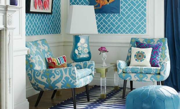 Usual 6 jonathan adler living room mrs godfrey chairs in marrakesh sea ikat linen bamboo reverse wallpaper in teal and white lifestyle portrait