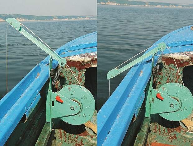Положения рычага во время дрейфа лодки (слева) и при подходе сома (справа).