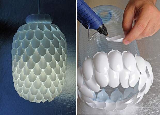 Красивая лампа, которую возможно создать из подручных пластиковых ложек.