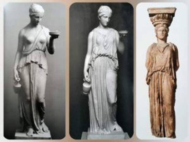 Слева направо: первый вариант «Гебы», второй вариант «Гебы» Торвальдсена, античная кариатида