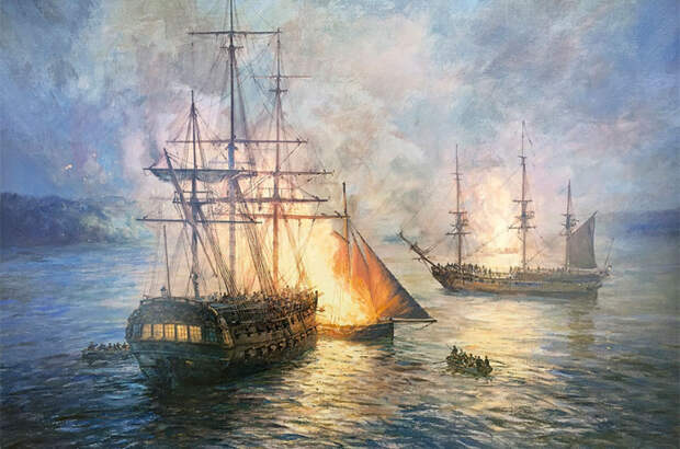Картина Джеффа Ханта «Пожарные корабли на реке Гудзон». Сцена из американской войны за независимость, 1776 г.