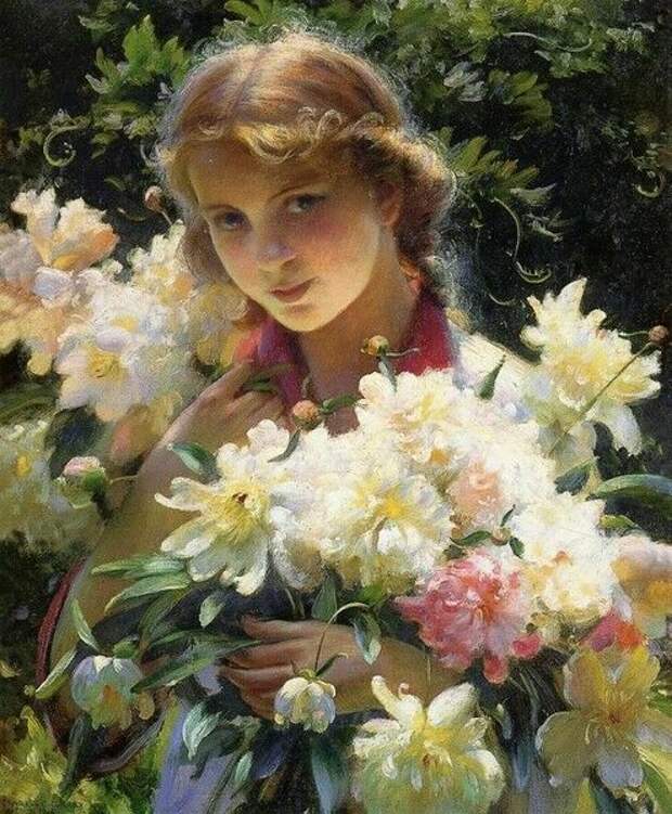 Charles Courtney Curran Девушка с пионами белые пионы