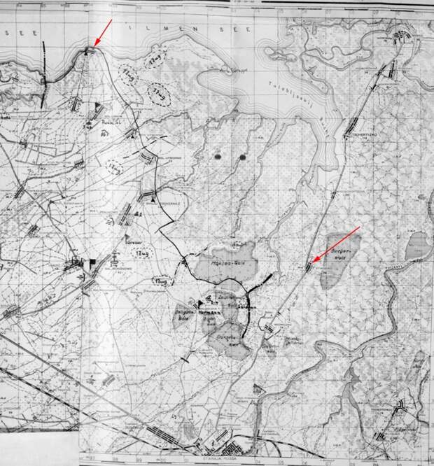 Участок обороны немецкой 18-й моторизованной дивизии. Фланг дивизии упирался в побережье Ильменя. Красным показаны направления атак соединений 12-го гвардейского стрелкового корпуса - В тыл врага по льду Ильменя | Военно-исторический портал Warspot.ru
