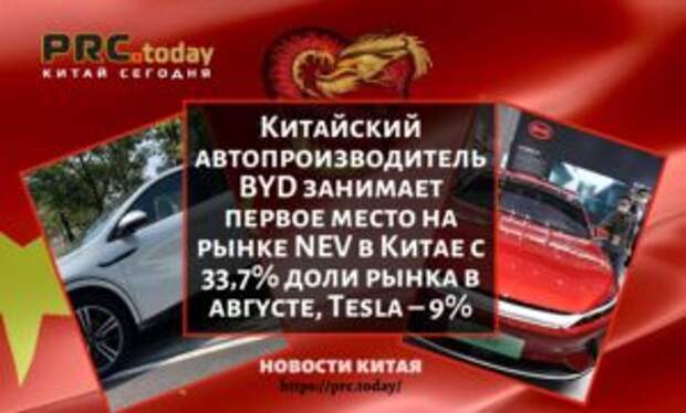 Китайский автопроизводитель BYD занимает первое место на рынке NEV в Китае с 33,7% доли рынка в августе, Tesla – 9%
