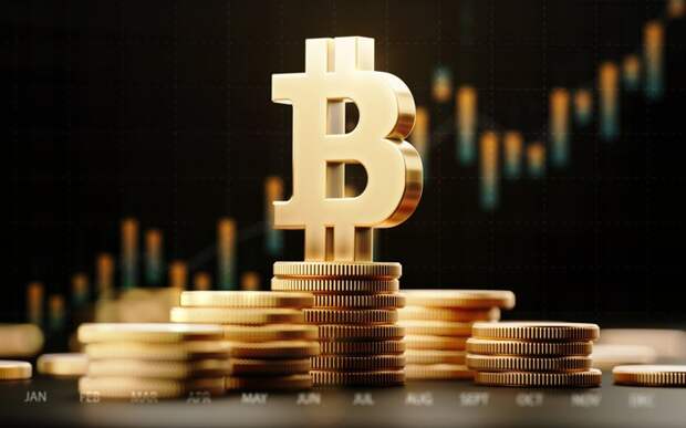 Bitcoin symbol on top of piles of gold coins