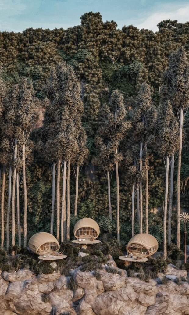 Номера-коконы Cabins On The Mountain эффектно смотрятся на склоне горы среди валунов и деревьев (концепт студии Veliz Arquitecto). | Фото: mymodernmet.com.