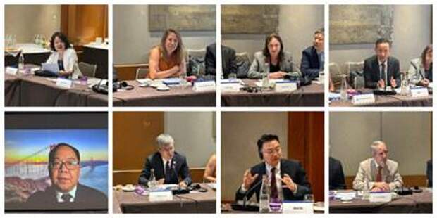 From right to left: Prof. Wei Huang, Ms. Elena Villalobos Prats, Ms. Anne Gonneau, Mr. Jiuchihi Lao, Mr. Binsheng Wei, Professor Fengming Luo, Mr. Mukui Rui, Mr. Yves-Jean Bignon