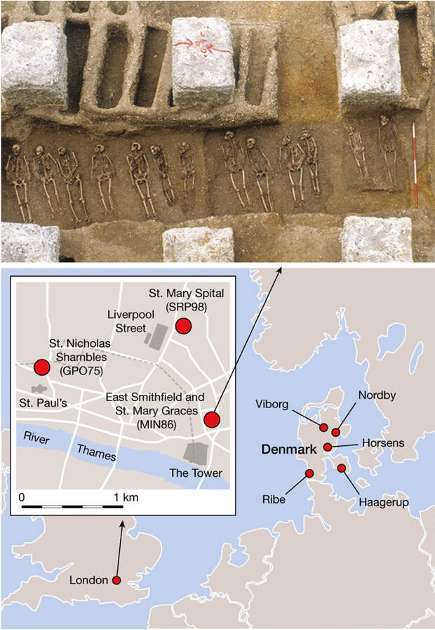 Рис. 2. Карта исследованных захоронений в черте Лондона и на территории современной Дании