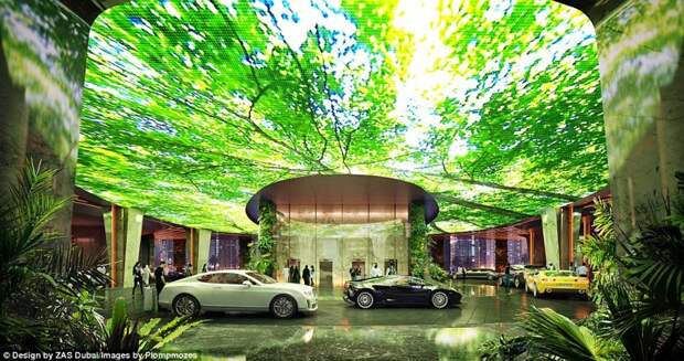 Богатые постояльцы смогут парковать свои роскошные автомобили под экраном, на котором будут отображаться изображения растительности или морской флоры и фауны. дубаи, лес, отель