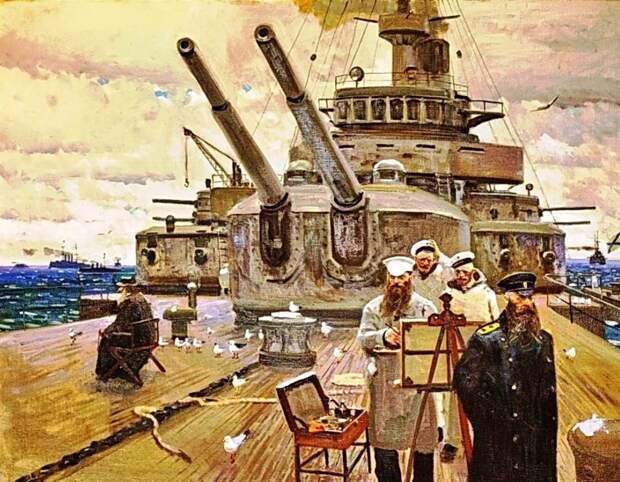 На картине Павла Рыженко броненосец "Петропавловск" не совсем похож на то, что было на самом деле. Ну уж что есть.