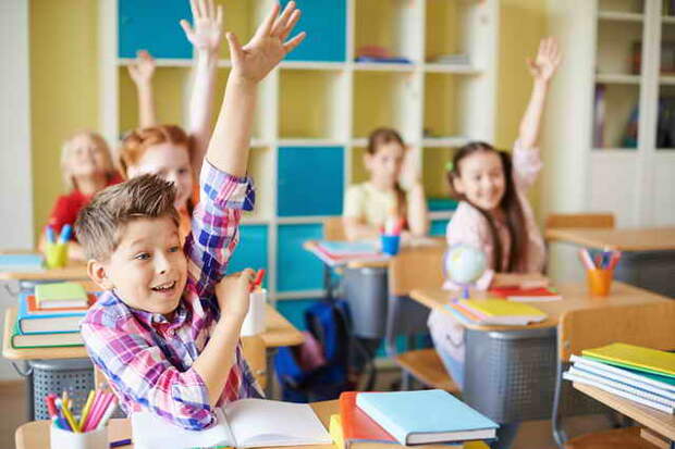 Portrait of cute boy raising hand at workplace with his classmates behind