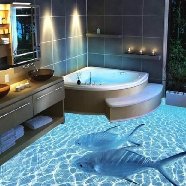 3D наливной пол в ванной комнате с изображением рыб на фоне морского дна.