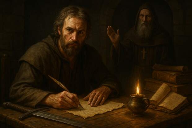 XII век. Даниил Заточник. В полумраке каменной палаты он сидит за деревянным столом, перед ним — книги, свитки и меч, лежащий рядом, как символ его судьбы.