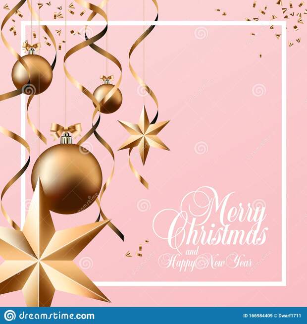 Merry Christmas and Happy New Year calligraphic lettering in square social network post or banner vector template. Gold balls, stars, confetti, serpentine on light pink background. 