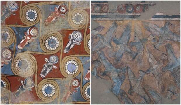 Слева направо: Потолок дворца Малката, дома Аменхотепа III и места проведения его юбилейных фестивалей, около 1390-1353 гг. до н. э. \ Фрагмент потолка с изображением птиц из дворца Аменхотепа III.