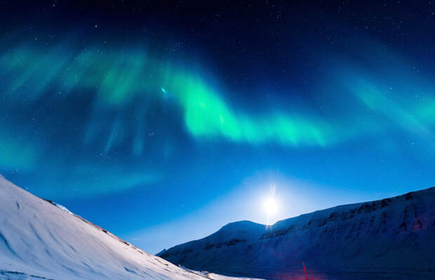 В полярную ночь в Лонгйире за северным сиянием можно наблюдать в любое время суток.