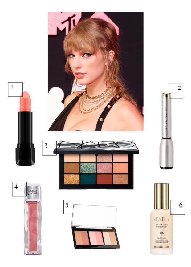 Тейлор Свифт Помада для губ Shine Bomb Lipstick, оттенок 060 Blooming Coral, Catrice, 276 руб. («Золотое яблоко») Жидкая подводка для глаз, оттенок 01 Black, Catalina Geo, 1239 руб. («Л'Этуаль») Палетка теней для век Cool Crush Eyeshadow Palette, Nars, 4289 руб. («Л'Этуаль») Блеск для губ Icy Glow, оттенок 08 Deserve, Muzigae Mansion, 3279 руб. («Яндекс Маркет») Палетка для лица I Woke Up Like This Palette, Rodial, 6900 руб. («Золотое яблоко») Тональная основа для лица Skin Fit Serum Foundation, d'Alba, 7700 руб. («Золотое яблоко»)