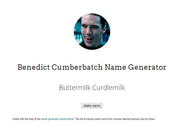 Screenshot from Benedict Cumberbatch Name Generator website