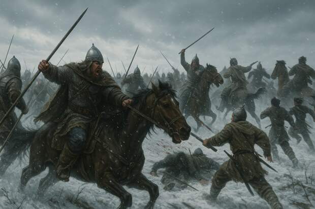 Зима, открытая степь под серым небом. Русский воевода Евпатий Коловрат и его дружина атакуют монгольский арьергард. Воины в русских кольчугах и с копьями врываются в ряды монголов. Лошади в снегу, искры мечей, напряжение в лицах. Монголы в панике, часть уже бежит