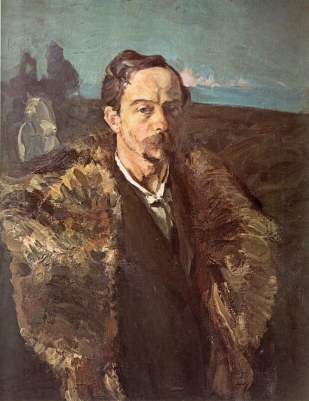 Автопортрет в шубе. Худ. С.Малютин. /Живописец запечатлел себя на фоне картины, которую писал 10 лет. В 1908-м она была уничтожена в результате наводнения.