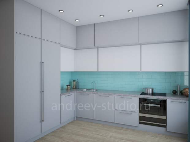 Фартук кухни может быть акцентом цветовой композиции помещения кухни (3Д фото авторов).