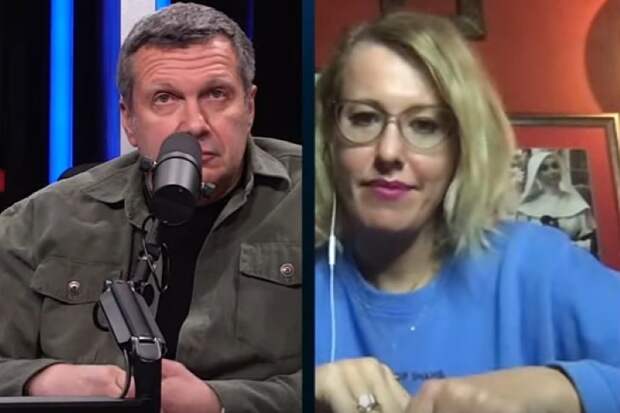 В эфире у Владимира Соловьева побывала Ксения Собчак, но покинула досрочно эфир. Фото: стоп-кадр эфира программы Соловьев Live.